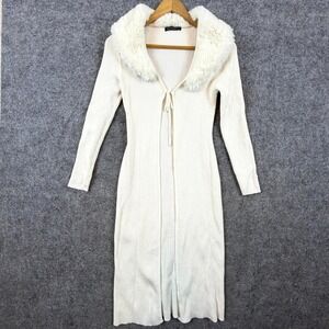Emerson Lang Young Contemporary Duster Cardigan Sweater Women L Ivory Faux Fur